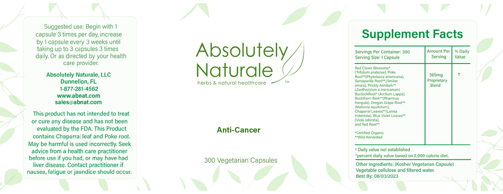Anti-Cancer is a compound of herbs/roots that may reduce your chance of contracting cancer. Each ingredient is hand-selected to work together to fight specific functions and help contain free radicals in the body to prevent precursor stressors.