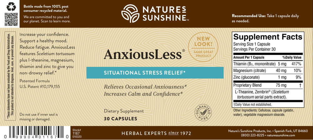 Nature’s Sunshine AnxiousLess is a fast-acting, non-drowsy formula that helps relieve the nervousness, worry and tension associated with daily living.