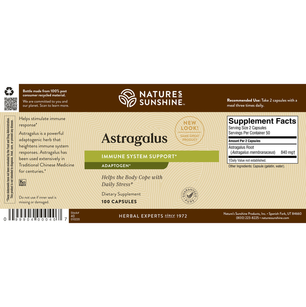 Astragalus is a traditional Chinese herb commonly used to support the body's immune function following illness. It is now used increasingly by western herbalists to enhance immunity and as a "rejuvenating tonic".