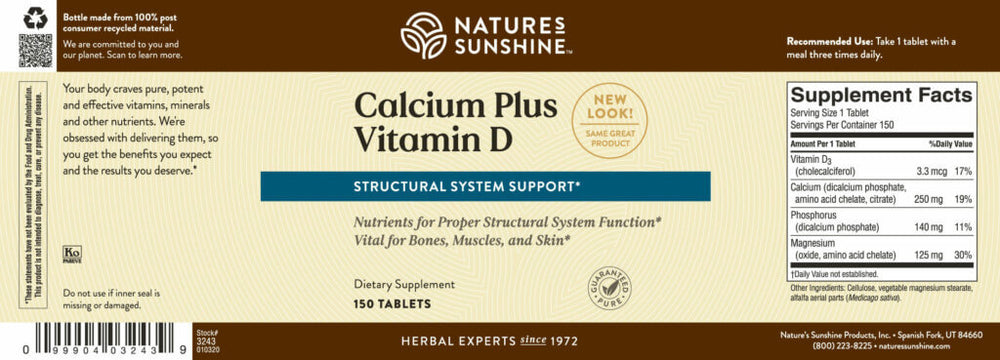 
                
                    Load image into Gallery viewer, Calcium Plus Vitamin D by Nature’s Sunshine is a formula that provides nutritional support to the bones, ligaments, skin, and tendons. Calcium Plus Vitamin D provides a group of ingredients that work in synergy for maximum effectiveness. For example, calcium is important for muscle contractions. Phosphorus works with B vitamins to maintain the right balance of fluid in the body, while vitamin D helps calcium work properly.
                
            