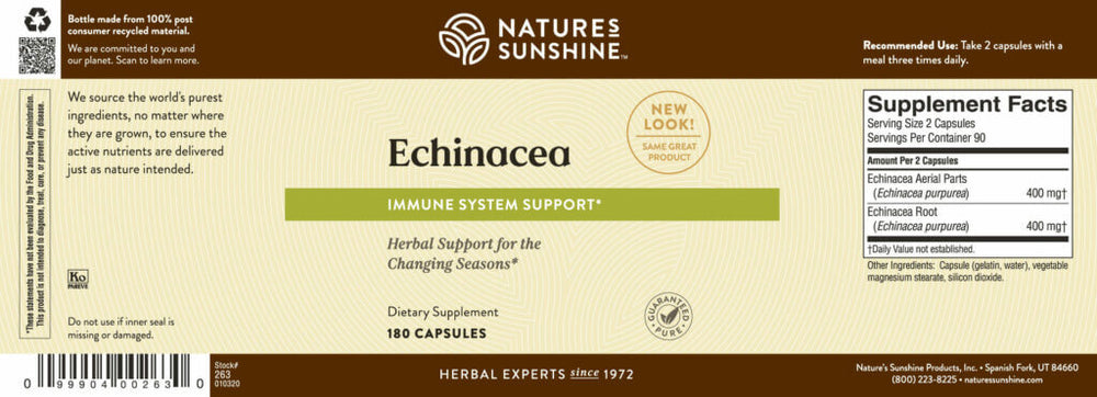 Full of polysaccharides, glycoproteins, alkamides, volatile oils, and flavonoids, echinacea purpurea has been scientifically proven to nourish the immune system and to have antimicrobial, anti-inflammatory, and antioxidant benefits. Nature’s Sunshine Echinacea Purpurea capsules are 400 mg of the plant’s purple flowers and root.
