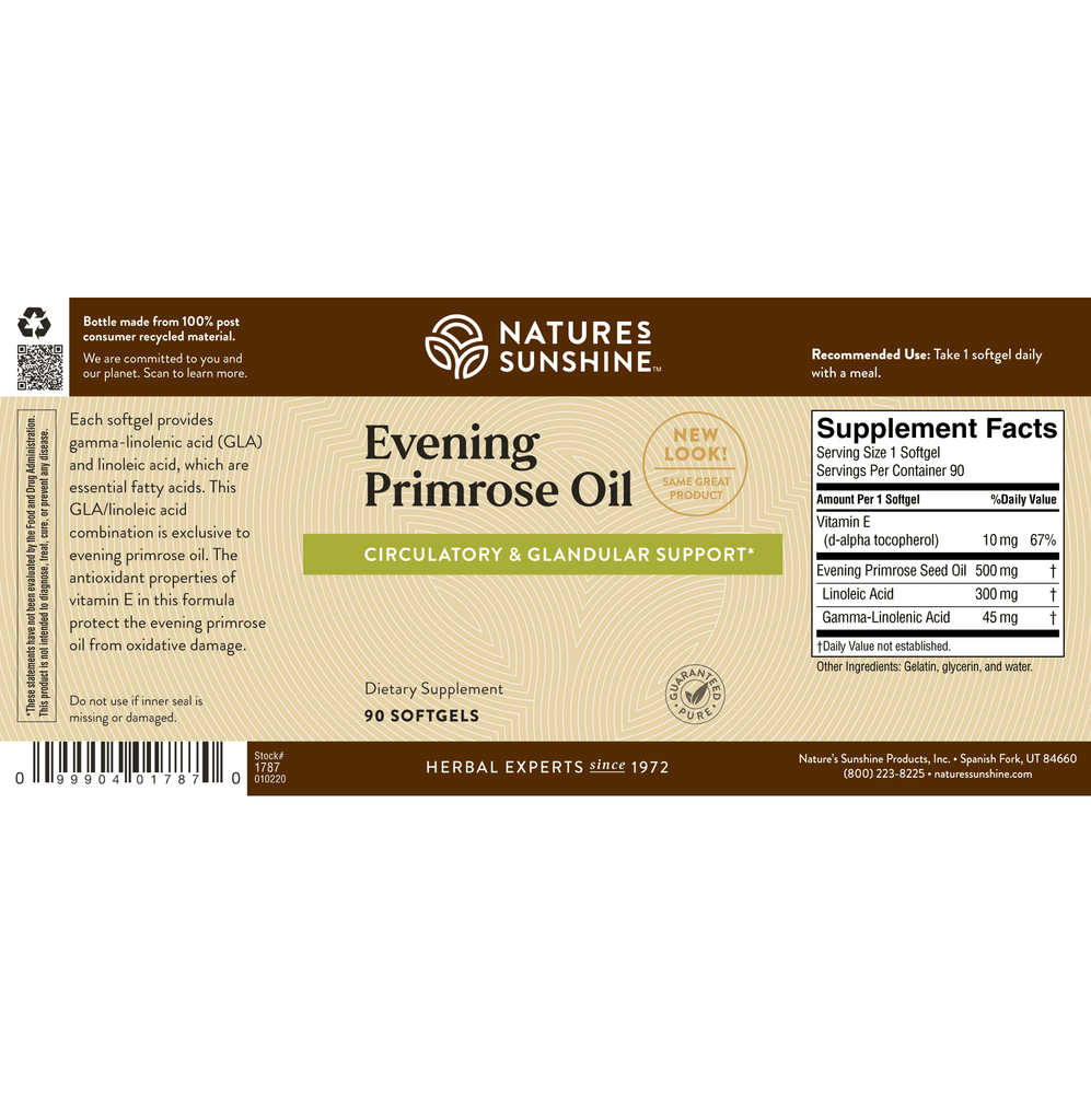 Evening Primrose Oil provides essential fatty acids including GLA. As it supports your glandular system, EPO helps strengthen tissues and may promote bone health.