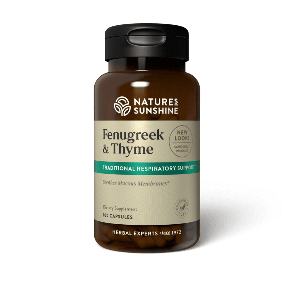 Fenugreek and Thyme supports the respiratory system by soothing irritated tissues and keeping the mucus thin.