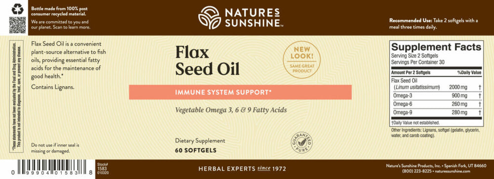 Nature’s Sunshine Flax Seed Oil with Lignans supports heart health and stimulates immune activity. Flaxseed oil, a rich source of omega-3 essential fatty acids, contains two times as much omega-3 as fish oil. The body is unable to produce these fatty acids on its own, but they provide valuable benefits to the heart. The lignans included Flaxseed Oil with Lignans provide immune system support. Flax Seed Oil with Lignans capsules include omega-3, omega-6, and omega-9 essential fatty acids.