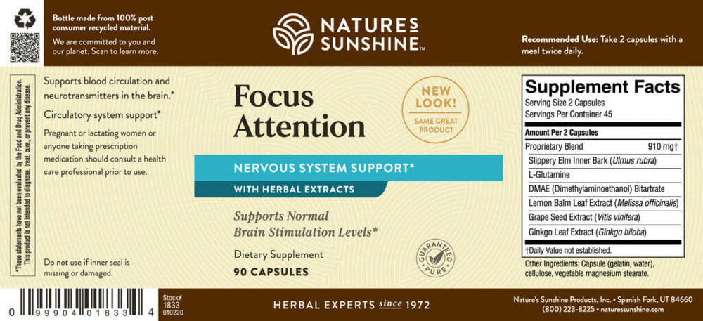 Focus Attention provides nutrients that help maintain normal brain-stimulation levels while supporting blood circulation and neurotransmitter levels in the brain.