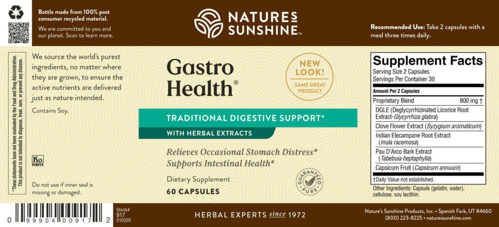 Soothing Gastro Health is Nature's Sunshine unique formula for minimizing occasional heartburn, acid indigestion and digestive discomfort.