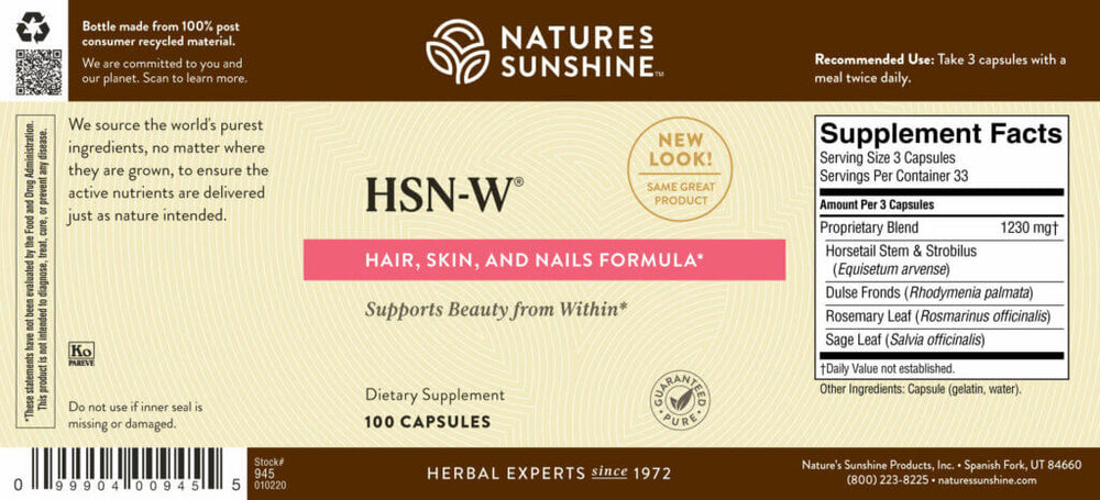 Our unique herbal formula HSN-W enhances skin tone and helps strengthens hair, skin and nails.