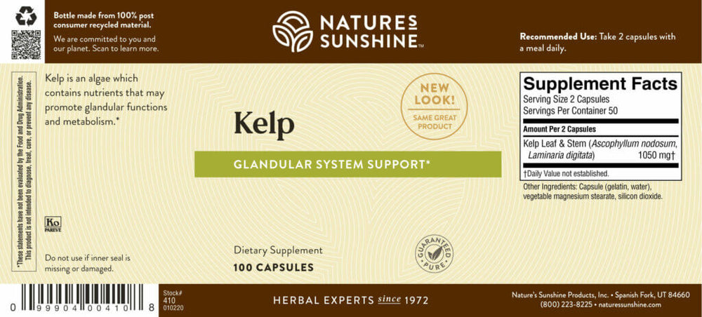 Kelp naturally contains trace minerals, including iodine. It may be used as a glandular health supplement and to support metabolism and energy levels.