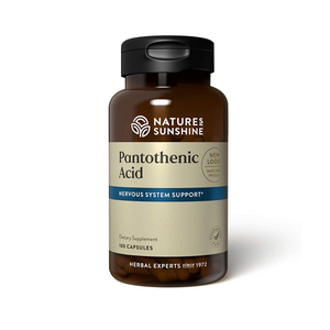 Pantothenic Acid, also known as Vitamin B5, supports the nervous and glandular systems. It supports adrenal gland function, tissue repair, and is needed to make certain hormones and neurotransmitters.