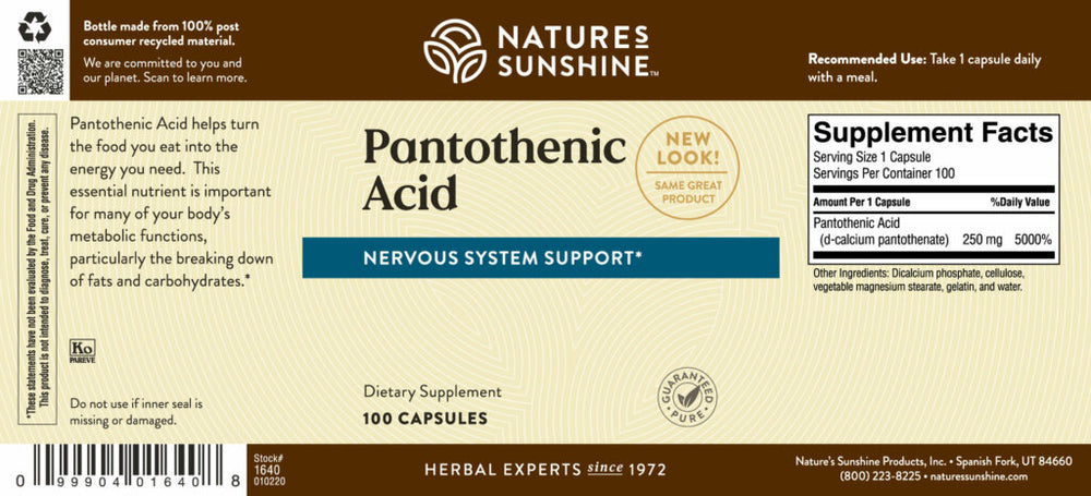 Pantothenic Acid, also known as Vitamin B5, supports the nervous and glandular systems. It supports adrenal gland function, tissue repair, and is needed to make certain hormones and neurotransmitters.