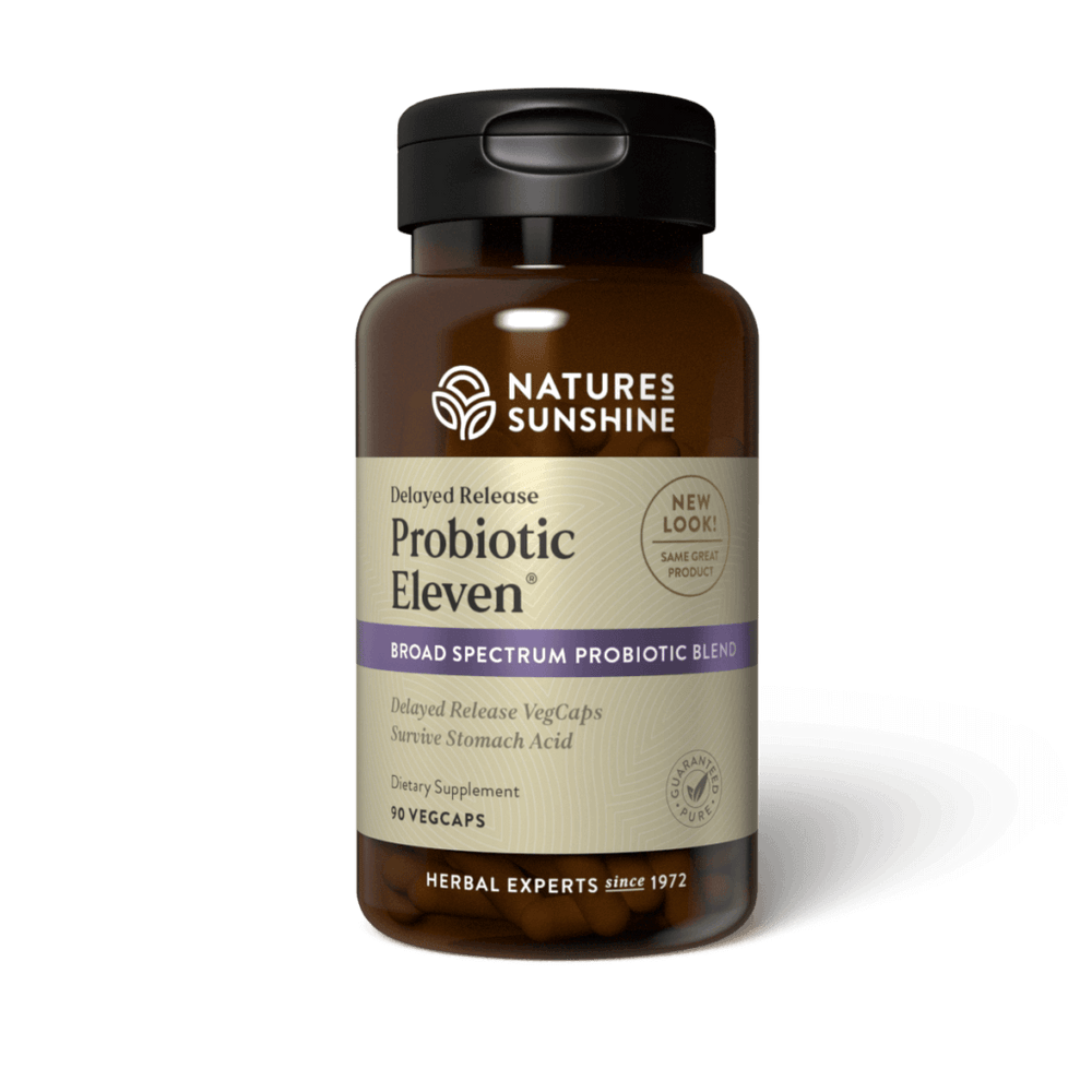 Nature’s Sunshine Probiotic Eleven includes 11 live microorganisms that perform key roles in the body. The body’s microorganism level often decreases with age, in intestinal systems with adverse pH levels, or because of environmental or dietary factors, among other reasons. Probiotic Eleven helps the body maintain proper levels of these microorganisms that support digestive and immune functions as well as detoxification processes.