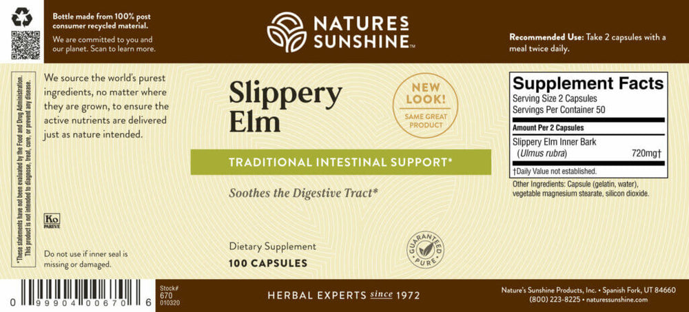 Soothe the digestive tract and help maintain normal elimination with Slippery Elm. This bark contains mucilage, which becomes slippery and soothing to irritated tissues when wet.