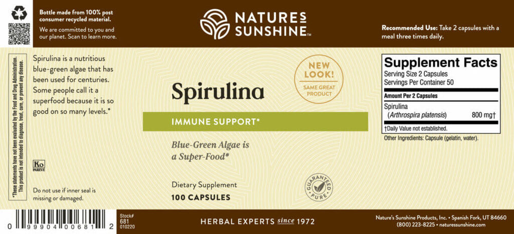Nature's Sunshine Spirulina blue-green algae supplement provides protein and vitamin B12.
