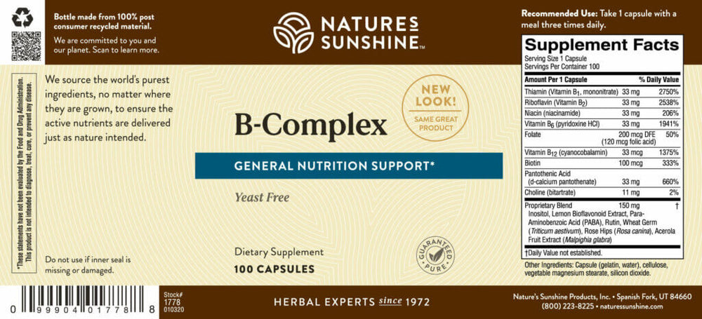Nature's Sunshine B vitamins nourish the nervous system and help with specific enzyme reactions. All B vitamins should be taken together for best results.