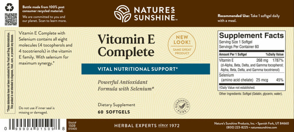 Vitamin E Complete with Selenium supports circulation and protects against free radicals. Our complete formula provides more benefits than products that contain only alpha-tocopherol. 